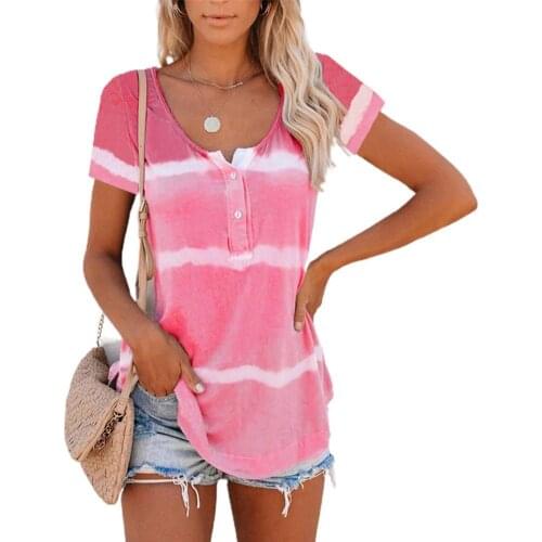 Plus Size Summer T-shirt Fashion Elegant Tie Dye Short Sleeve Women V Neck Buttons T-shirt Party Casual Loose Tops Tee