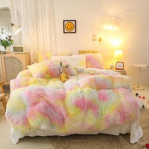 Luxury Plush Shaggy bedding Sets Rainbow color Furry Velvet Duvet Cover with Zipper Closure Warm bed sheet pillowcase Full size