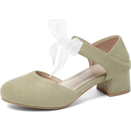 Pumps Spring and Autumn new style Round head Hollow Thick heel Single shoes sweet lace Womens shoes high 4cm plus size 34-48