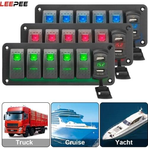 Waterproof 5 Gang Rocker Switch Panel Digital Voltage Display 4.2A Outlet Combination Dual USB Port for Marine Car Truck