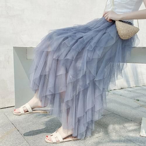 Women Tulle Maxi A-Line Skirt Layered Swing High Elastic Waist Casual Ruffles Skirt Solid Patchwork Mid-Calf Skirt