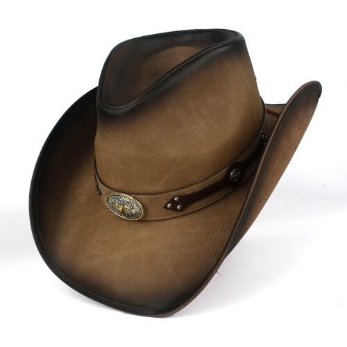 Women Men Western Cowboy Hat For Gentleman Dad Leather Cowgirl Sombrero Hombre Jazz Caps Size 58-59CM With Bull Band