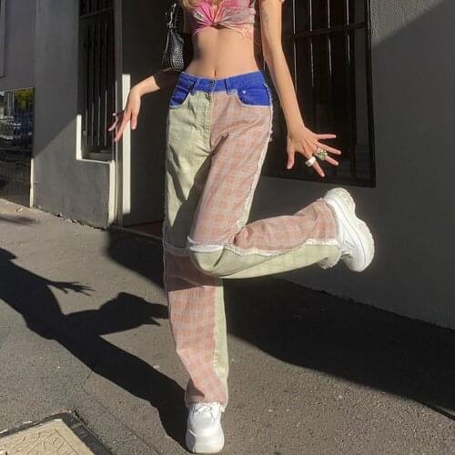 Harajuku Argyle Pants Women Loose Straight Denim Joggers Plaid Patchwork Korean Jeans 90s Street Style Cowboy Striped Trousers
