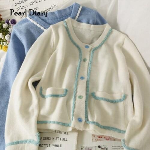 Pearl Diary Women Autunm Winter Sweater Cardigans England Style Contrast Trim Vintage Sweater With Buttons Round Neck Cardigans