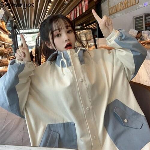 Mid-long Trench Women Patchwork Loose 2XL Plus Size Womens BF Double Layers Thickening Hooded Windbreaker Big Pockets All-match