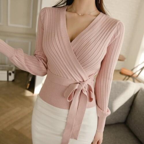 Women 2020 Fashion With Tied Knitted Wrap Cardigan Sweater Vintage V Neck Lantern Sleeve Female Outerwear Chic OL Tops Jumper