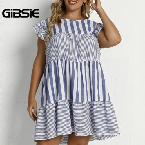 GIBSIE Round Neck Striped Contrast Smock Dress Women Plus Size Summer Casual Loose Mini Dresse Female Vestidos Big Size 4xl 3xl