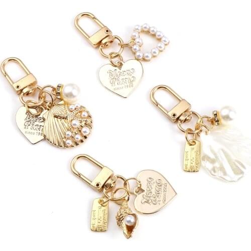 Fashion Acrylic Ocean Jewelry Keychain Gold Color Metal Keyring White Shell Imitation Pearl For Women Girls Jewelry Gifts,1PC