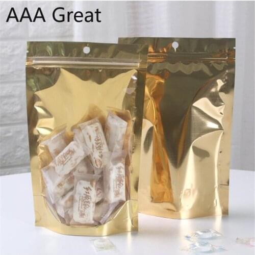 100Pcs/Lot Stand Up Clear Aluminium Foil Zip Lock Bags Metallic Plastic Packaging Food Tea Candy Cookie Baking Hangle Hole Pouch