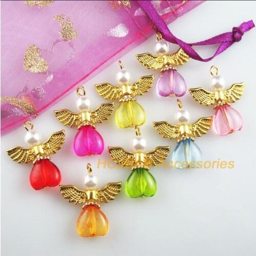 16 New Heart Angel Charms Mixed Acrylic Gold Color Wings Pendants 21x25mm