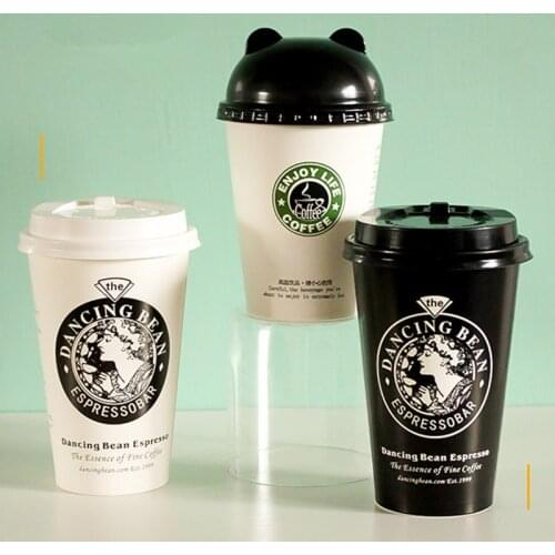 50pcs white black disposable coffee cup 400ml 500ml creative cold and hot drink milk tea beverage juice paper cups with lid