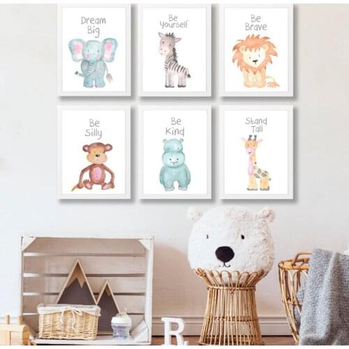 Watercolor Baby Animals Cartoon Posters and Prints Nursery Inspirational Quote Canvas Painting Nordic Kids Room Wall Art Decor