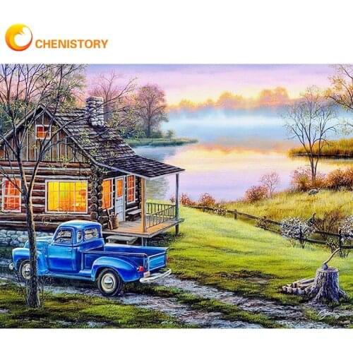 CHENISTORY 40x50cm Paints By Numbers For Adults Diy Framed House And River Car Landscape Oil Painting Home Decor Wall Picture