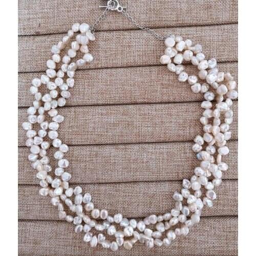 3 rows 8mm white baroque flat pearl choker necklace extend chain clasp natural Freshwater PEARL Women Jewelry 43cm 17'' 35cm