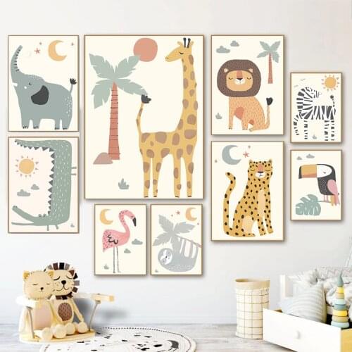 Nursery Baby Animals Wall Poster Print Cartoon Lion Giraffe Elephant Wall Art Canvas Painting Decoration Kids Bedroom Picture