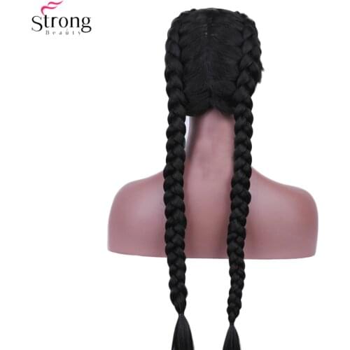 StrongBeauty Two French Braid Hairstyles Lace Front Wigs for women Synthetic lace Wig Long Black With Baby Hair