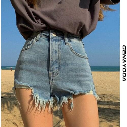 Genayooa Solid Jeans Shorts Women High Waist Ripped Streetwear Slim Demin Lady Shorts Bodycon Vintage Hot Korean Fashion