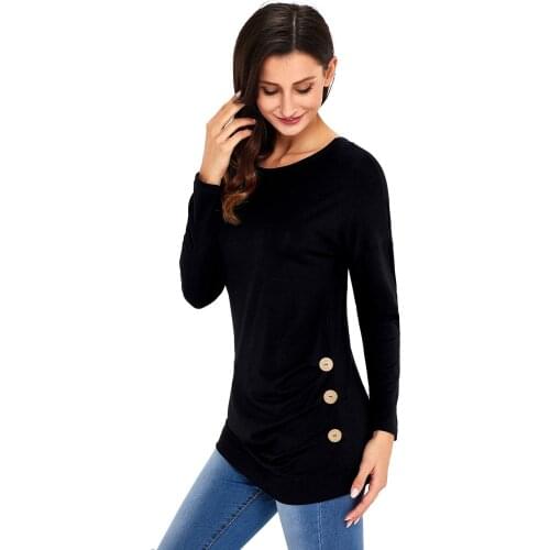 Elastic Spring Autumn Women Long Sleeve Tops with Wavy Buttoned Side Casual O Neck T Shirt Super Comfortable Blouse Shirt