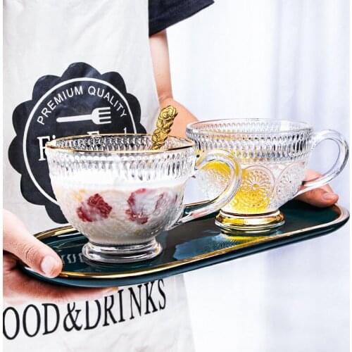 European Retro Embossed Sun Flower Milk Cup Breakfast Cup Household Glass Cup Water Cup with Handle Large Capacity