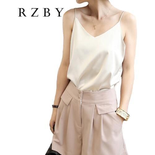 RZBY V Neck Tank Tops Women Sleeveless Satin Silky Camisole S-2XL Summer spaghetti strap elegant tank tops