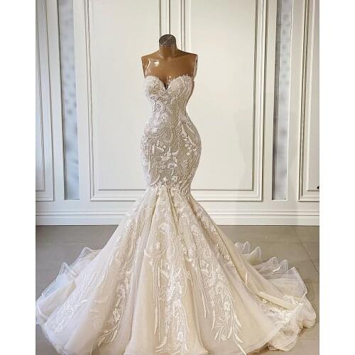 2021 New Mermaid Wedding Dresses With Train Long Lace Beads Crystal Sweatheart Bridal Dresses Robe De Mariee Real Video