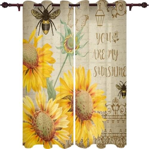 Sunflowers Bees Retro Window Curtains for Living Room Bedroom Kitchen Decor Window Treatments Christmas Curtains