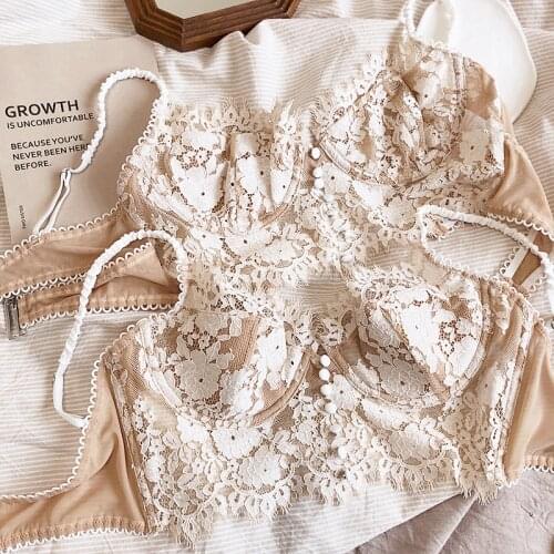 See-through lace beauty back soft steel ring bralette plus size lingerie sets thin sexy underwear set long button bra briefs