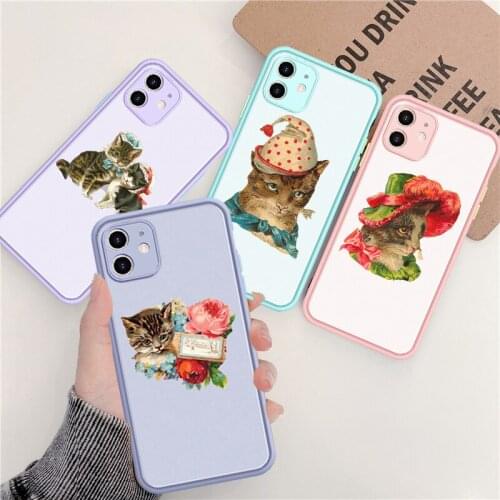 Luxury Vintage Cute Cat Pattern Case for IPhone 11 Pro Max 8 7 Plus X XS Max XR SE2020 Soft Bumper Matte Phone Cover Coque