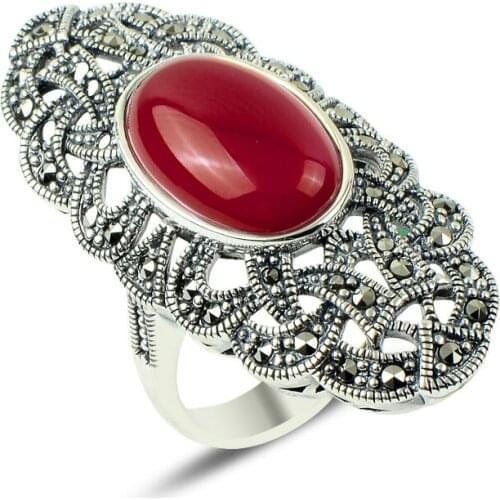 Silverlina Silver Marcasite & Agate Stone Ring