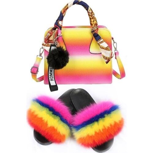Women Shoes Real Fox Fur Slides and Jelly Purse Set Exquisite Handbag Furry Sandals Ladies Party Shoes Big Fur Slides with Bags