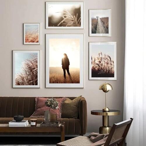 Reed Woman Wooden bridge Sunset Landscape Wall Art Canvas Painting Nordic Posters And Prints Wall Pictures For Living Room Decor