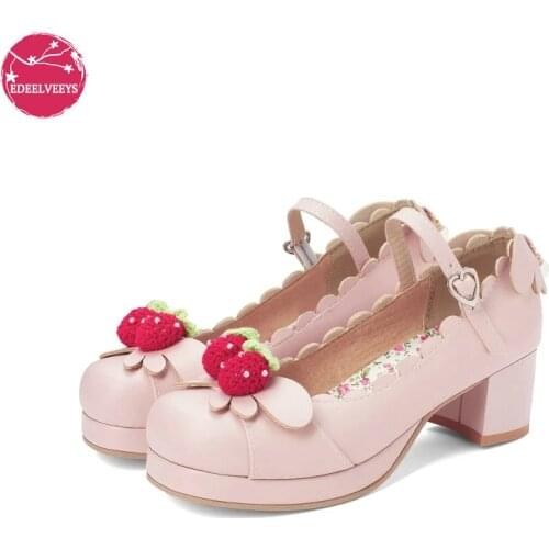 Princess Lolita Girls Mary Janes Shoes Women Sweet Party Dress Cosplay Wedding Pumps Chunky Med Heels Strawberry Plus Size 34-48