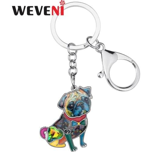 WEVENI Enamel Alloy Rhinestone Bulldog Pug Dog Key chains Rings Car Purse Bag Animal Keychains For Women Girl Men Gift Accessory