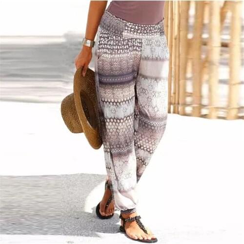 Women High Waist Printing Easy Trousers Long Pants Boho Beach Pockets Pants Vintage Fashion Print Cargo Pants Joggers Pant
