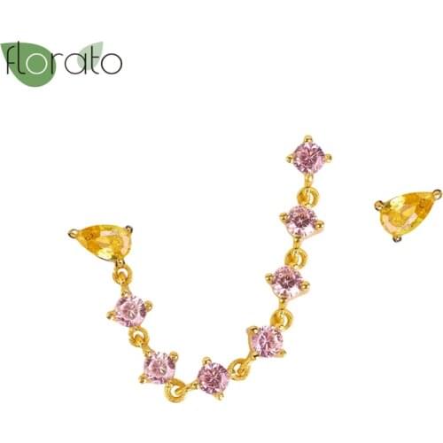 925 Silver Ear Needle Stud Earrings For Women Personality Luxury Earrings Chain Tassel Zircon Pink Diamond Earrings Pendientes