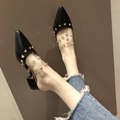 Summer wild trend pointed patent leather thick with Baotou word drag transparent film nails wear lazy shoes women