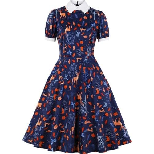 2021 Christmas Women Party Retro Dress Cotton Floral Print Turn Down Collar Short Sleeve Pin Up Rockabilly Swing Casual Sundress