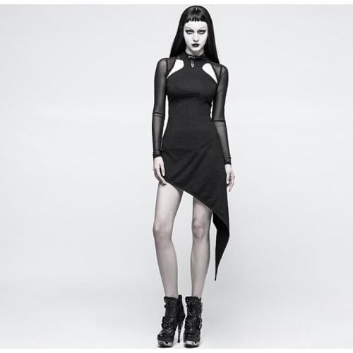 Punk Gothic Women Dresses Black Hollow Out Asymmetrical Sideways Hem Dresses High Collar Soft Cotton Mesh Fashion Dresses