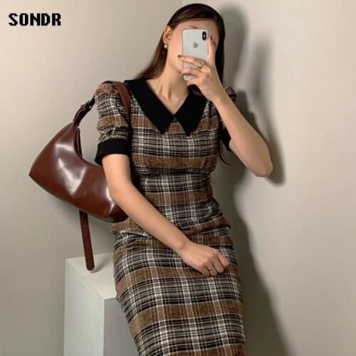 Vintage Elegant Sweet V-Neck Plaid Print Dress 2021 Spring Autumn New Dress One-Piece Korean Fashion Dress Female Midi Dress