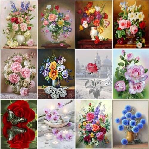 5D diamond painting flower tulip DIY diamond mosaic vase rose peony lily magnolia home decoration pattern handmade new year gift