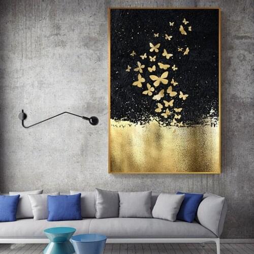 Abstract Golden Butterfly Dancing In The Sky Canvas Painting Modern Big Poster Print Living Room Cuadros Wall Art Tableaux Salon