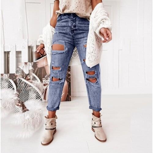 Pants Women Button High Waist Pocket Elastic Hole Jeans Trousers Loose Denim Pants Jean Homme Ropa Hombre Высокой Талией 2021