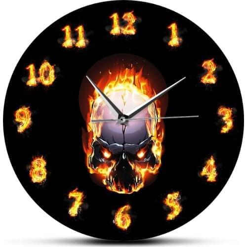 Skull lover fashions Style Skull Wall Clock Fire Skull Modern Design Wall Clock Halloween Wall Art Decor
