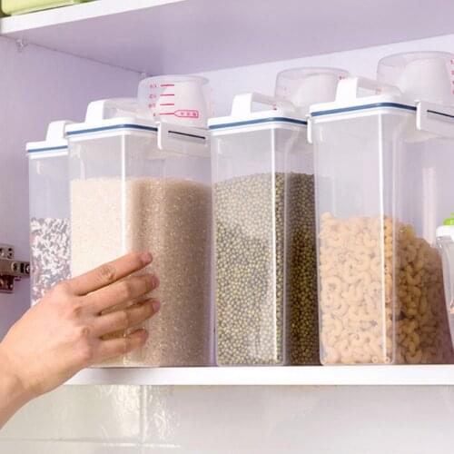 PP Food Storage Box With Measuring Cup Clear Container Set with Pour Lids Kitchen Grain Storage Bottles Jars Dried Grains Tank