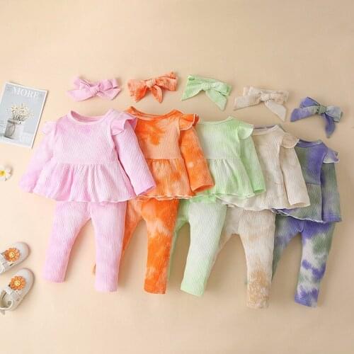 3PCS newborn baby suit baby girl clothes 2021 autumn and winter season fashion pit strip tie-dye long-sleeved skirt suit