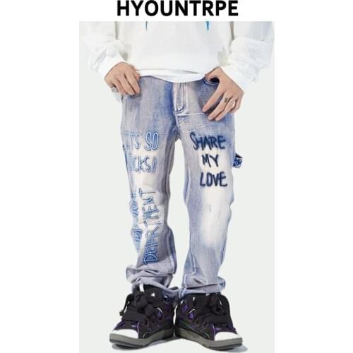 Mens Tie-dyed Denim Pants Hip Hip Fashion Letter Embroidery Straight Pants New Casual Loose Jeans Streetwear Trousers Joggers