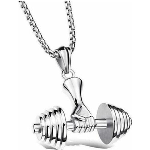 Steel Color Mens Necklace Stainless Steel Dumbbell Pendant Fashion Chaine Necklace Man Accessories Chain Around The Neck Jewelry
