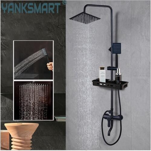 Black Wall Mount Shower Set with shelf Faucet Rainfall shower Head with Handshower Bathroom ORB Shower Mixer Tap sets
