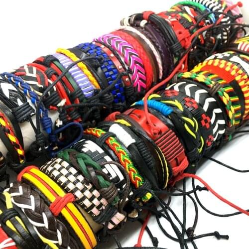 MixMax Wholesale 50pcs Men Womens Leather Bracelets Handmade Mix Color Cuff Wristband Gifts Unique Jewelry Box Packaging