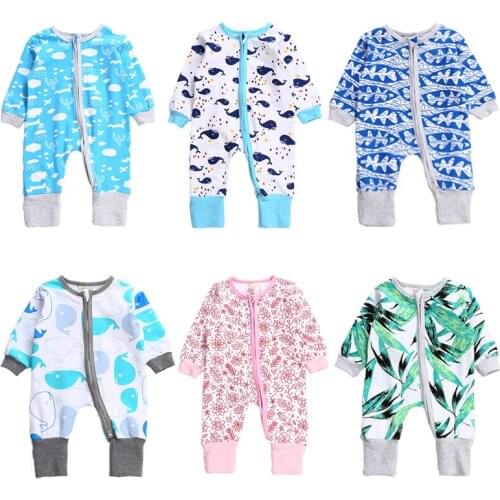 0-18 Month Baby Autumn Romper Clothes One Piece Long Sleeve Printed Cotton Sleep Suits Zipper Side Front Open Onesies Jumpsuits